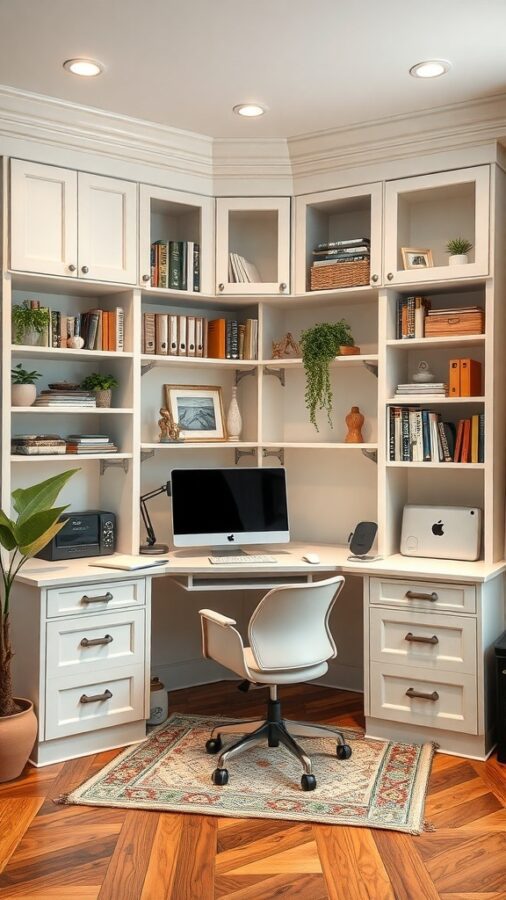 12 Stunning Home Office Built-Ins for Stylish Organization 1 Cozy home office with built-in shelves and a spacious desk in a corner layout