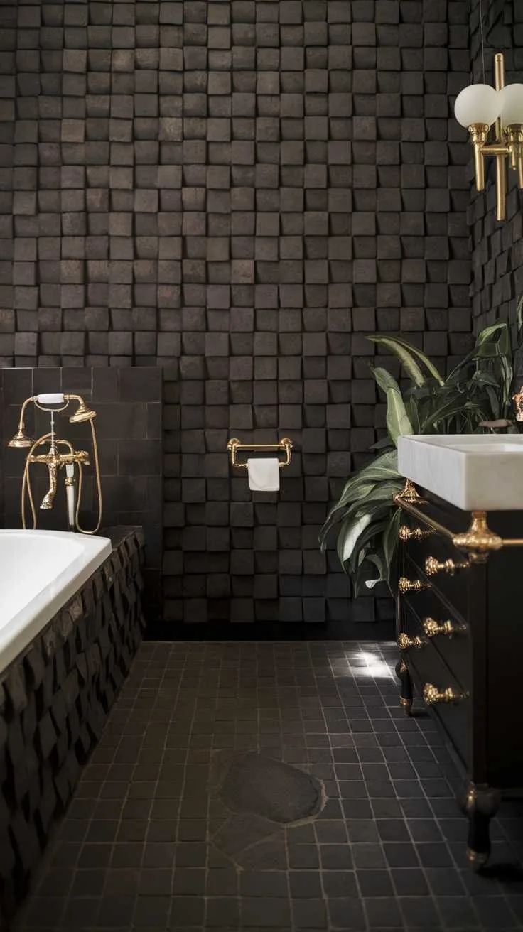 Bathroom featuring textured black tiles and a luxurious bathtub