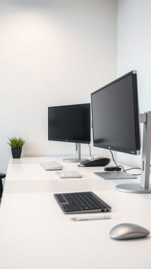 Ergonomic Dual Monitor Setup Minimalistic home office with two monitors, keyboard, mouse, and a small plant on the desk