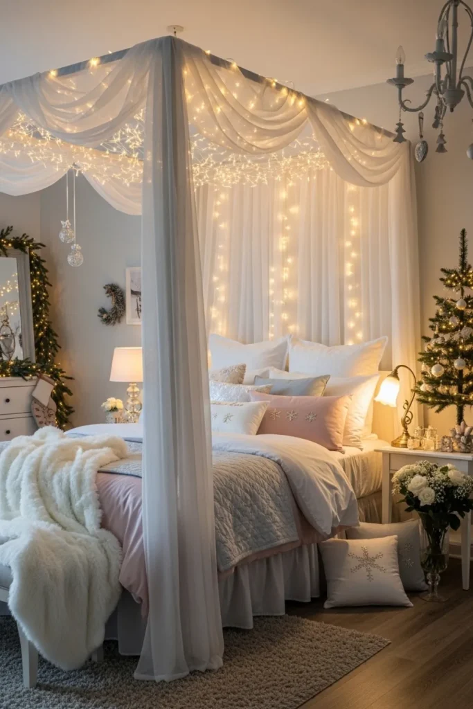 Cozy Christmas Bedroom Decor with Fairy Lights Draped Fairy Lights Over Bed