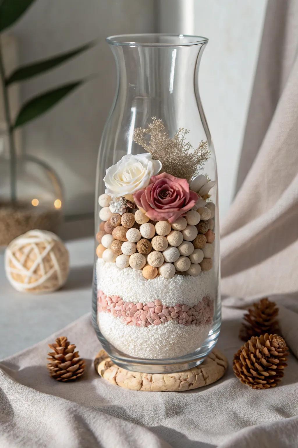 Minimalist layered vase art combining natural elements and vibrant colors.