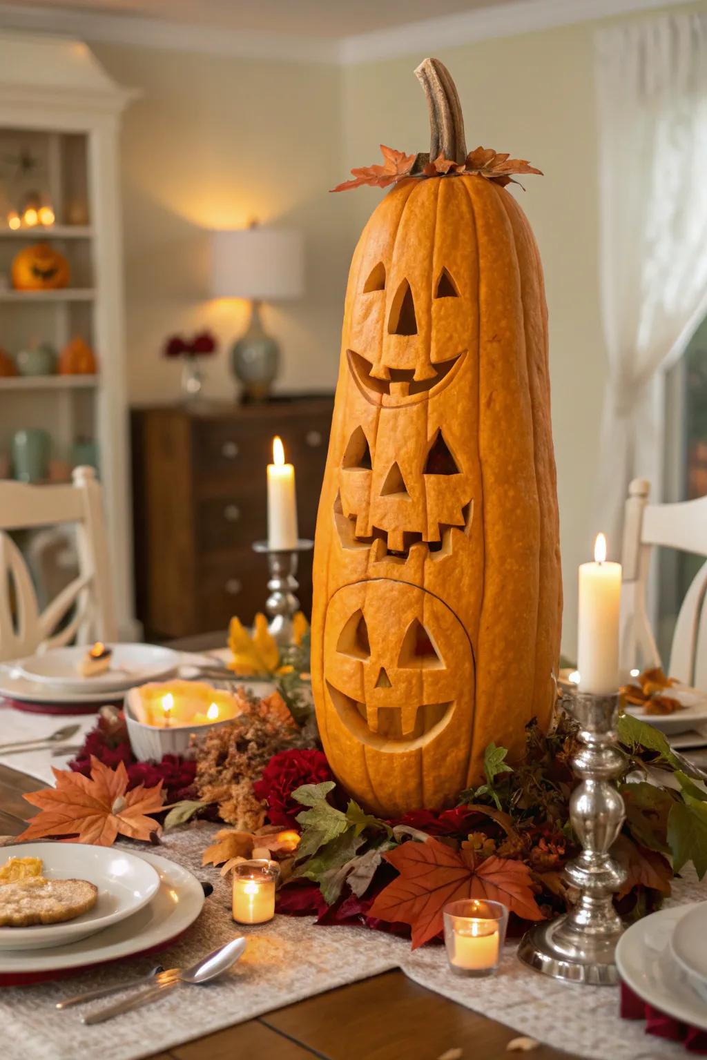 Display a variety of playful expressions carved around a single tall pumpkin for a 360-degree delight.
