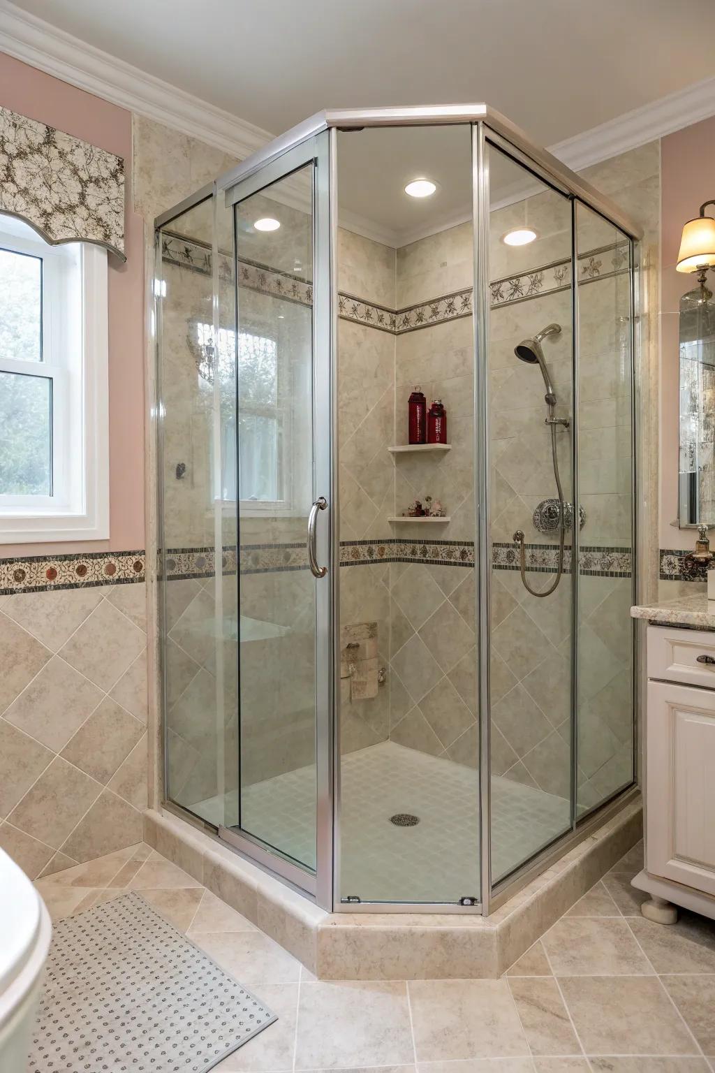 Neo-angle shower enclosures optimize corner spaces for better bathroom flow.