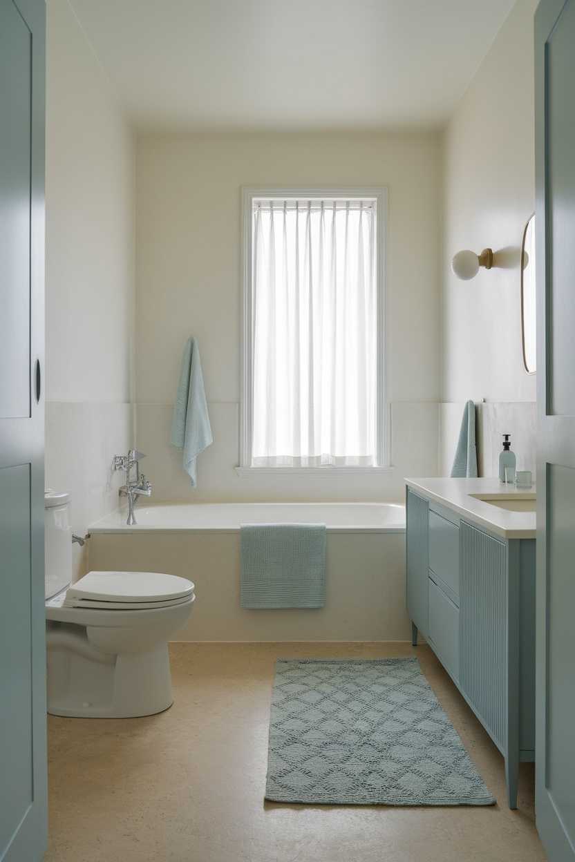 Minimalist bathroom featuring light blue walls, white fixtures, and a compact sink