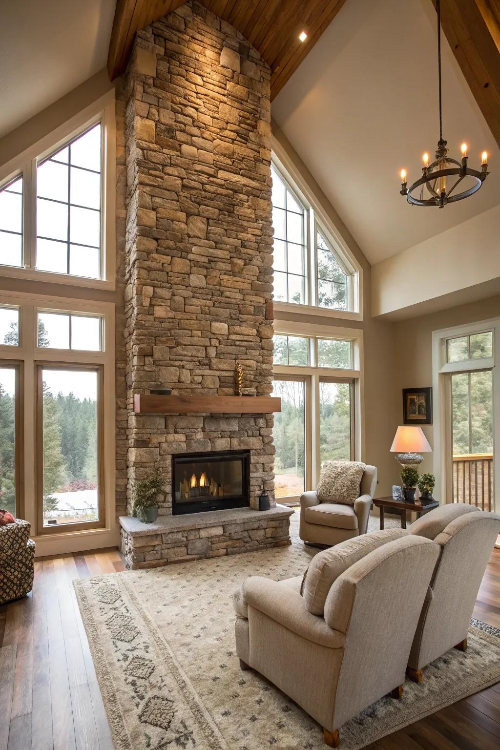 Impressive floor-to-ceiling stacked stone fireplace creating a grand focal point.