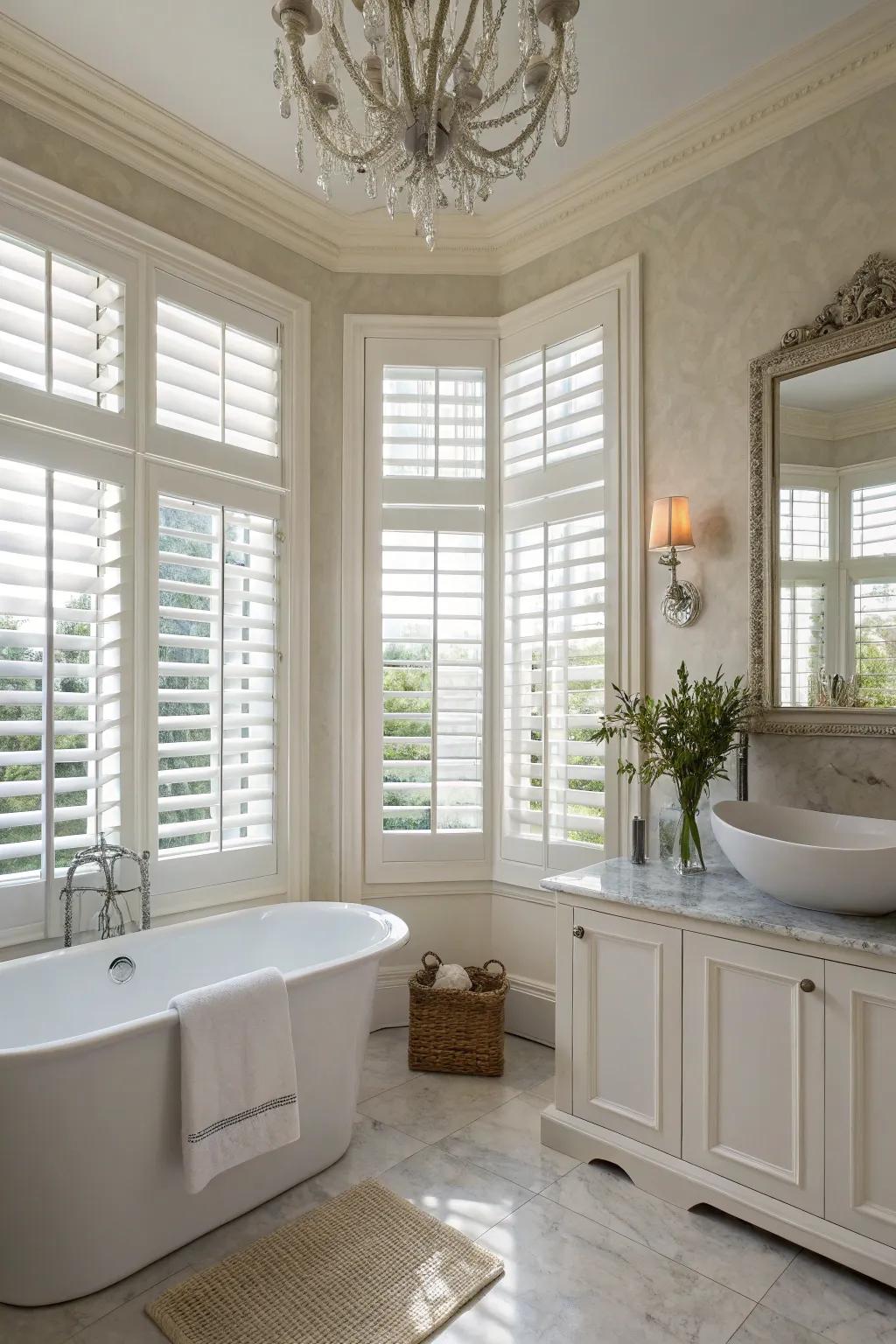 Plantation shutters add classic sophistication to bathroom interiors.