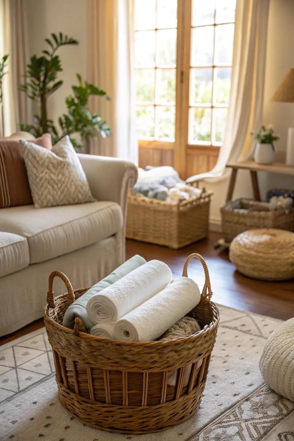 Store foam rollers neatly inside a decorative woven basket.
