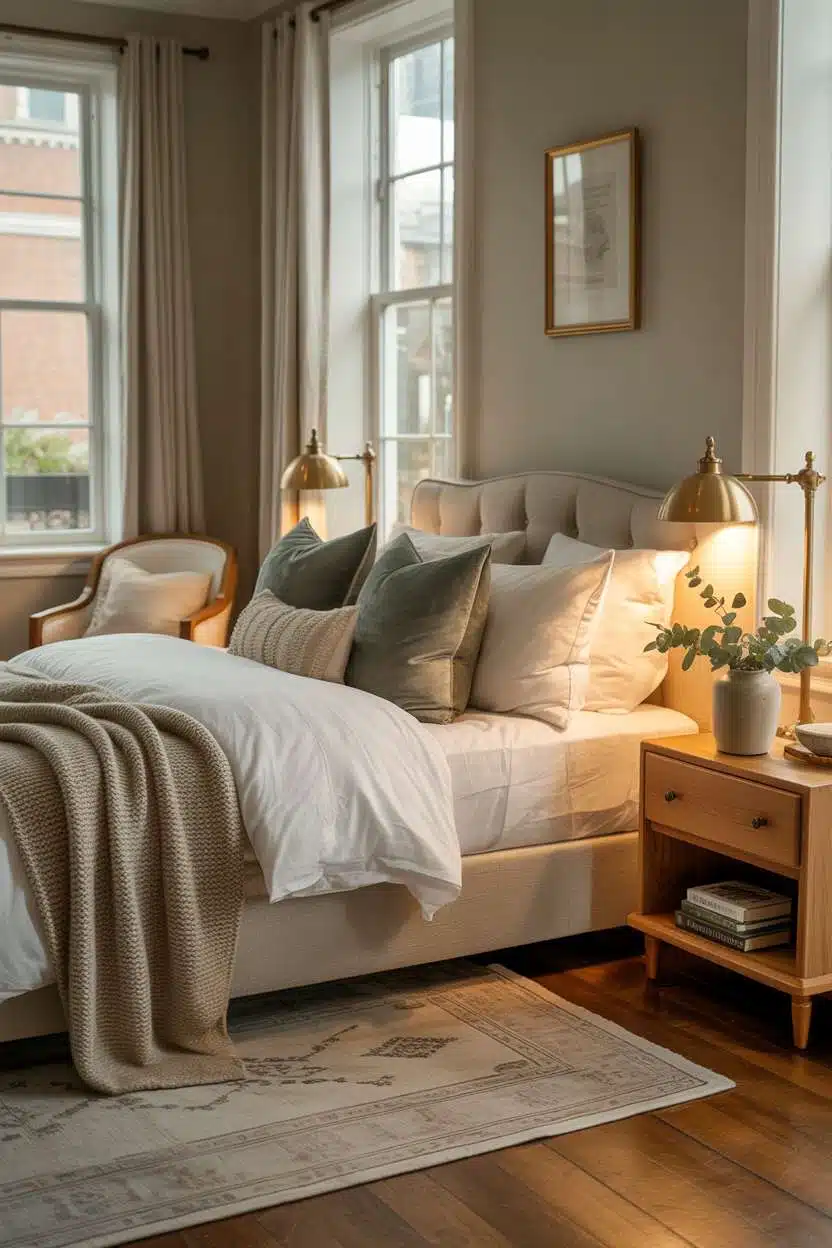 Guest bedroom featuring linen headboard, textured bedding, and warm brass lighting