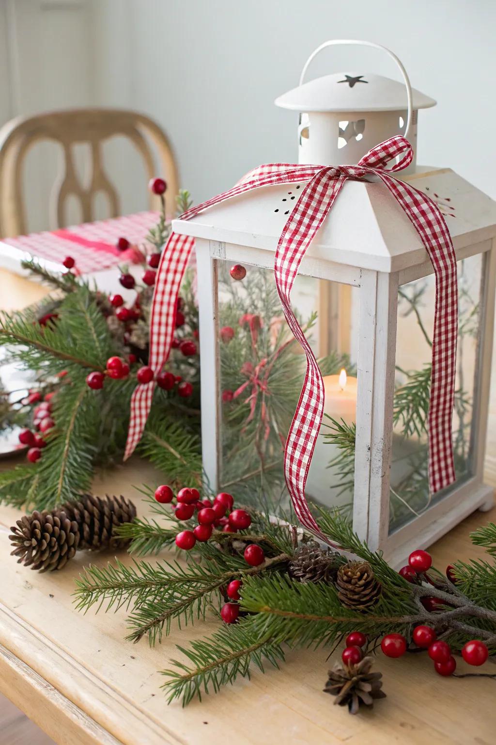Festive DIY Christmas lantern decorated with check ribbon swag