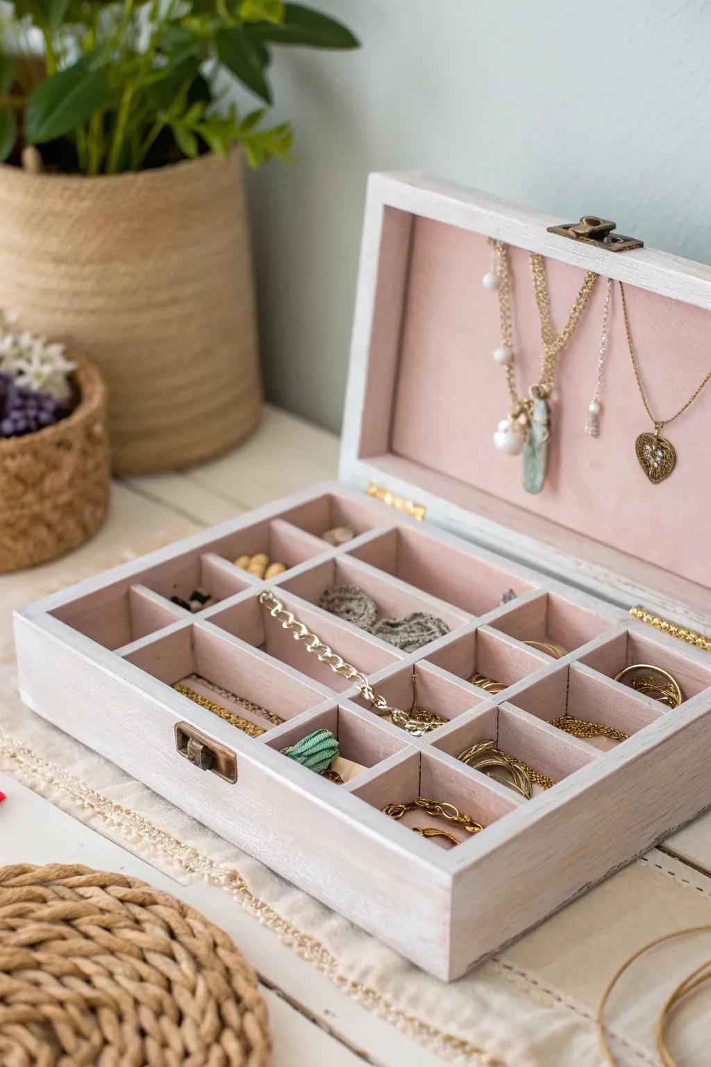 Charming upcycled wooden wine box turned jewelry organizer, blending rustic charm with functionality.