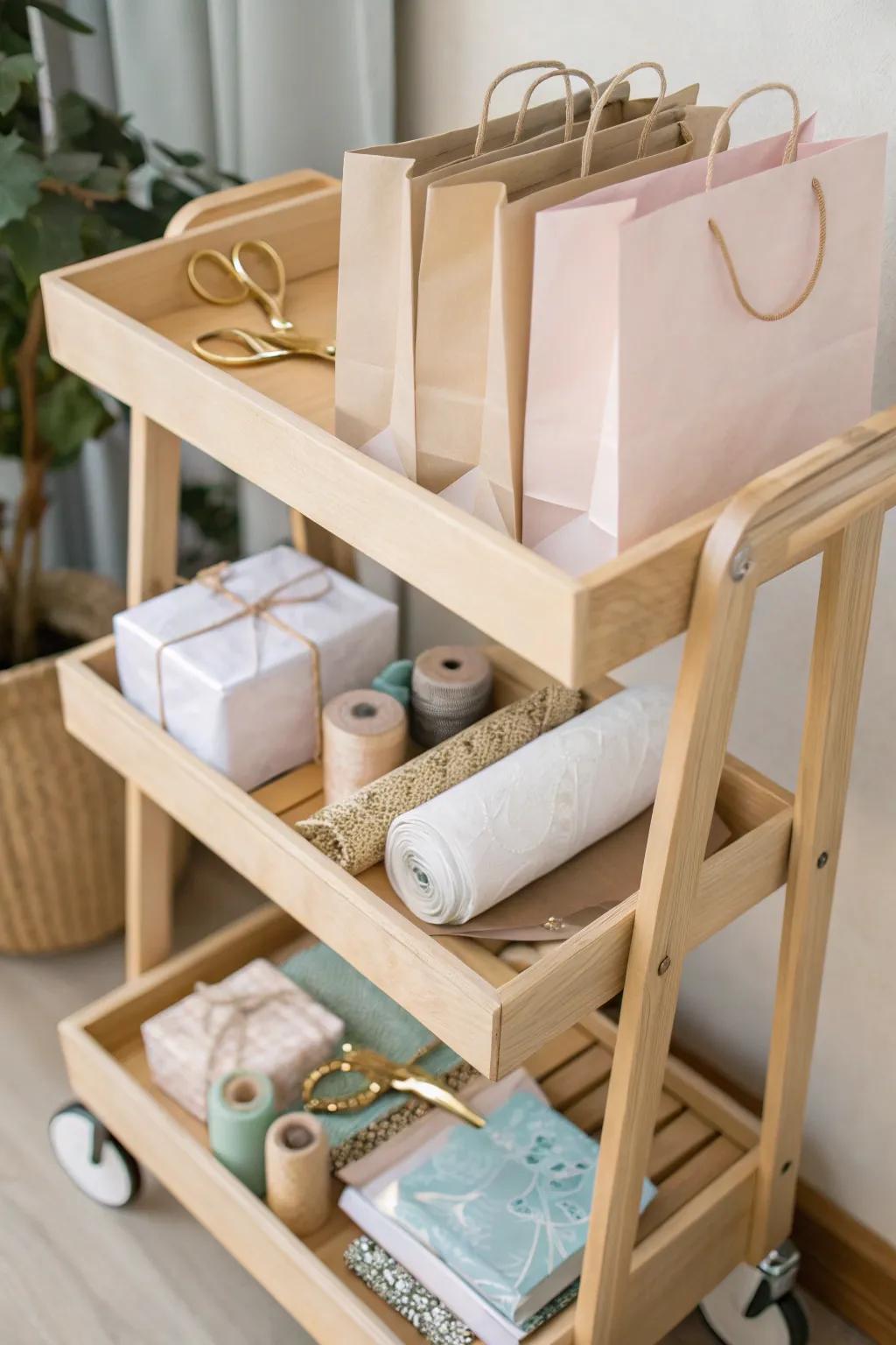 Elegant and portable wrapping station on wheels