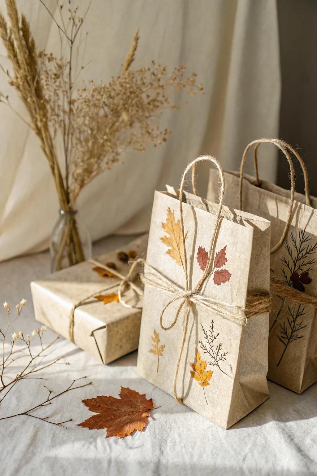Rustic charm with natural elements on gift bags.