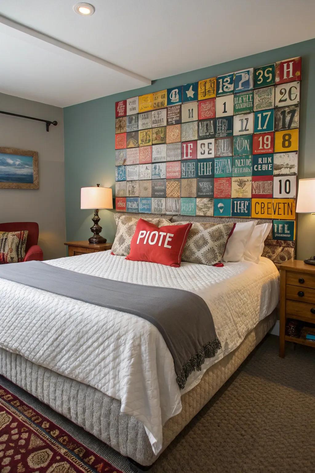 A striking headboard crafted from license plates adds character to the bedroom.