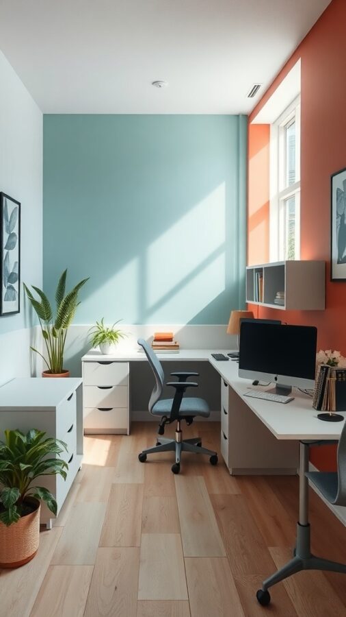 Small home office with blue and coral walls, plants, and modern furniture