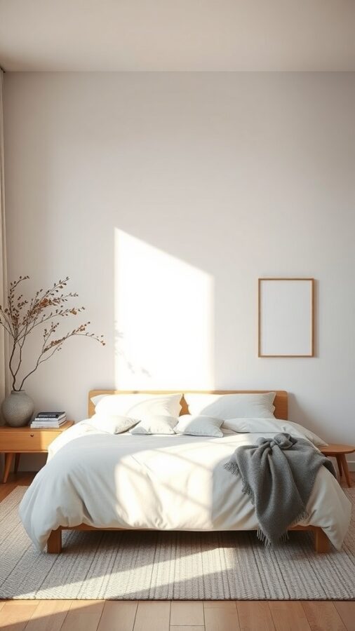 Minimalist Scandinavian bedroom with wooden furniture and soft natural light