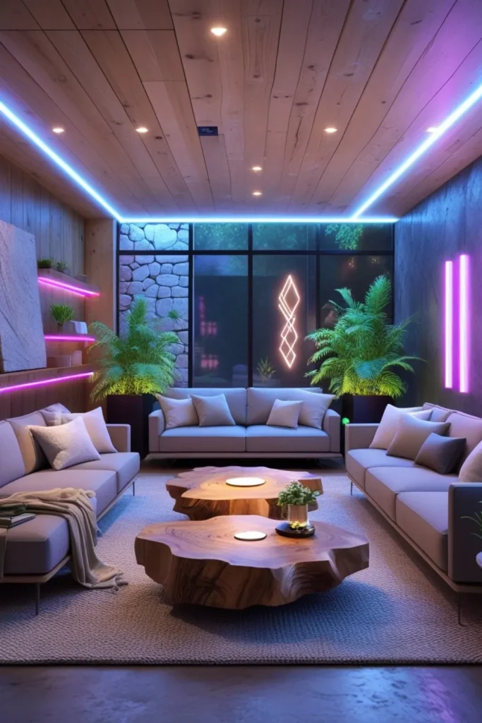 Electric Living Room Design Ideas with Natural Textures Vibrant Neon Highlights Paired with Rustic Wood Coffee Tables