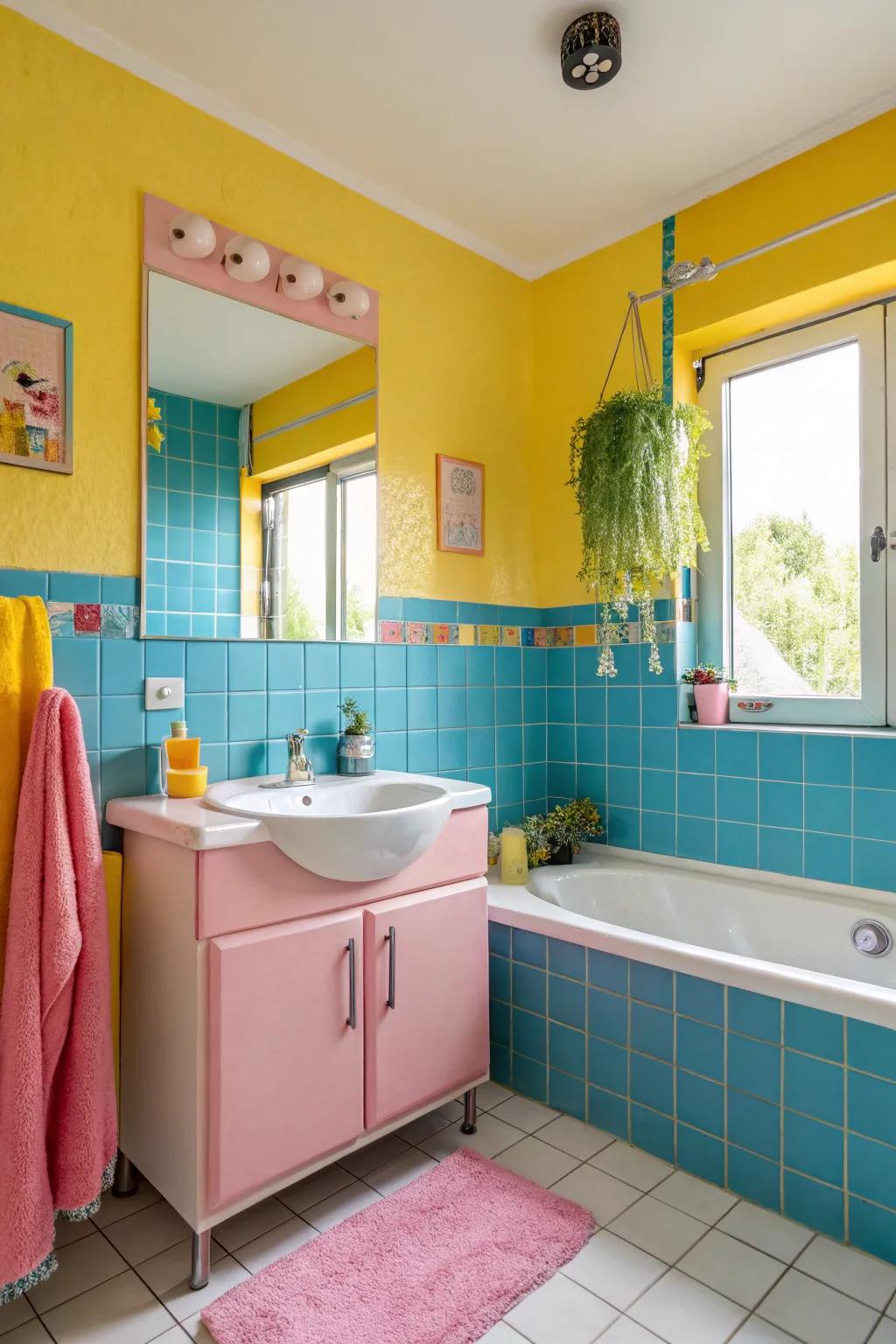 A bathroom energized by a vivid and lively color scheme.