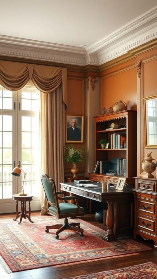 Traditional home office with wooden desk, green chair, bookshelves, and warm wall colors.