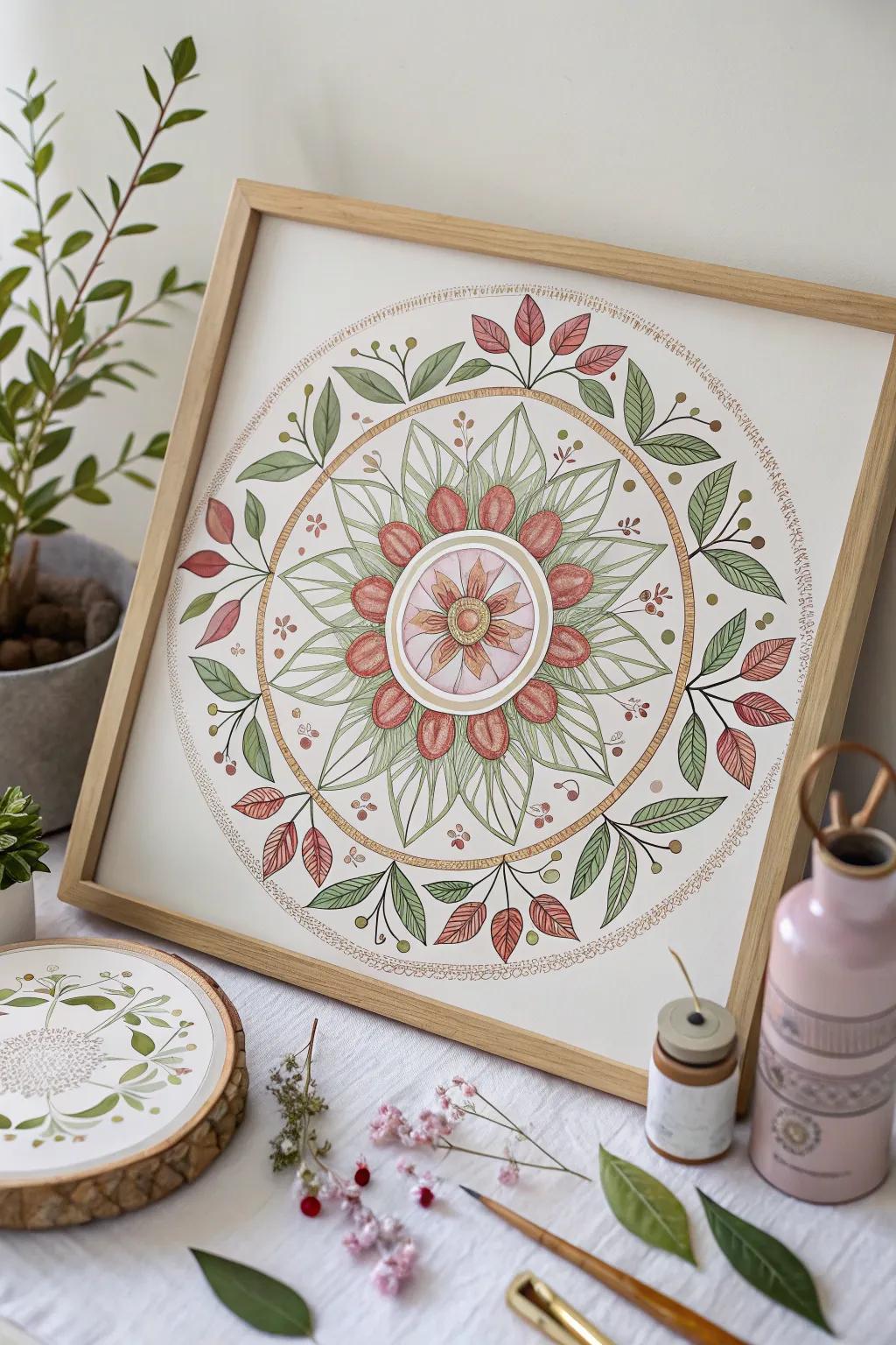 Find peace in this nature-inspired mandala, blending simplicity with detailed elegance.