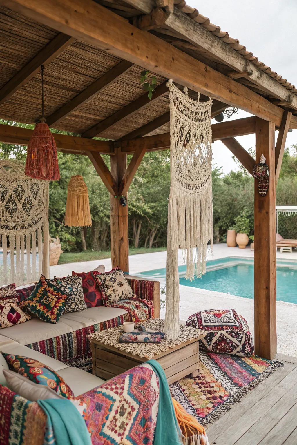 Boho cabana adorned with vibrant fabrics and intricate macramé.