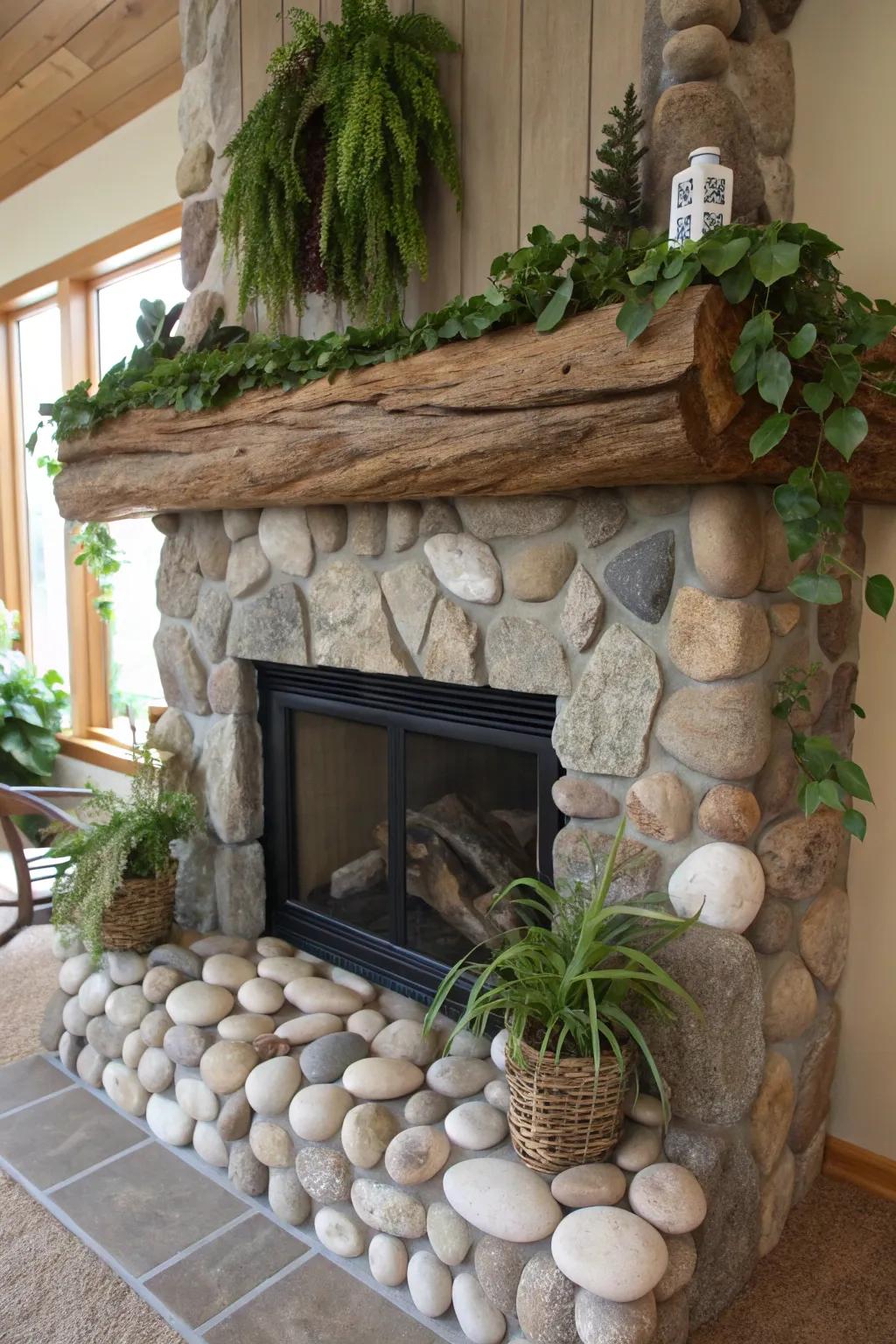 Fireplace decorated with natural stones and driftwood for an earthy vibe.