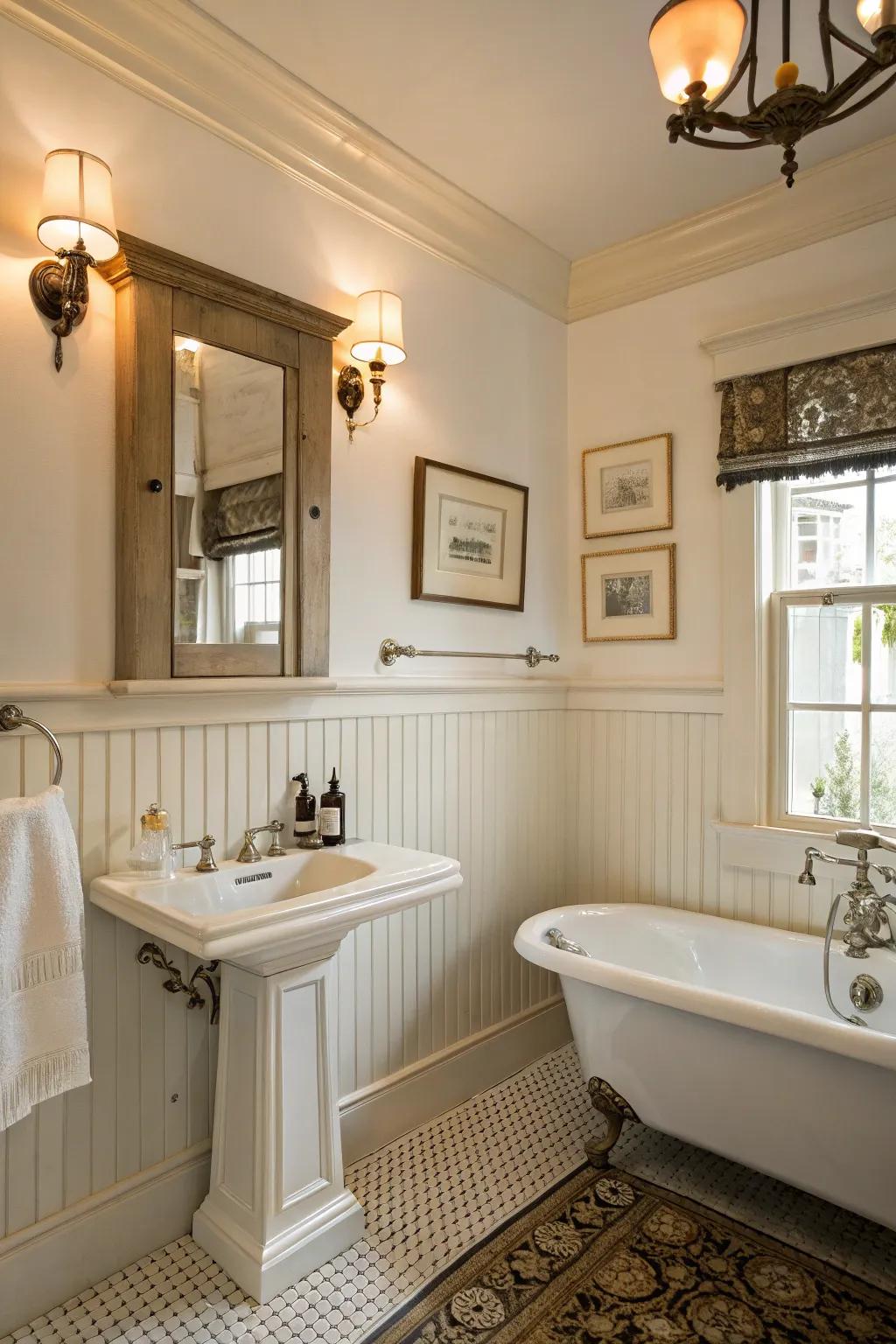 Timeless elegance with classic wainscoting in the bathroom.