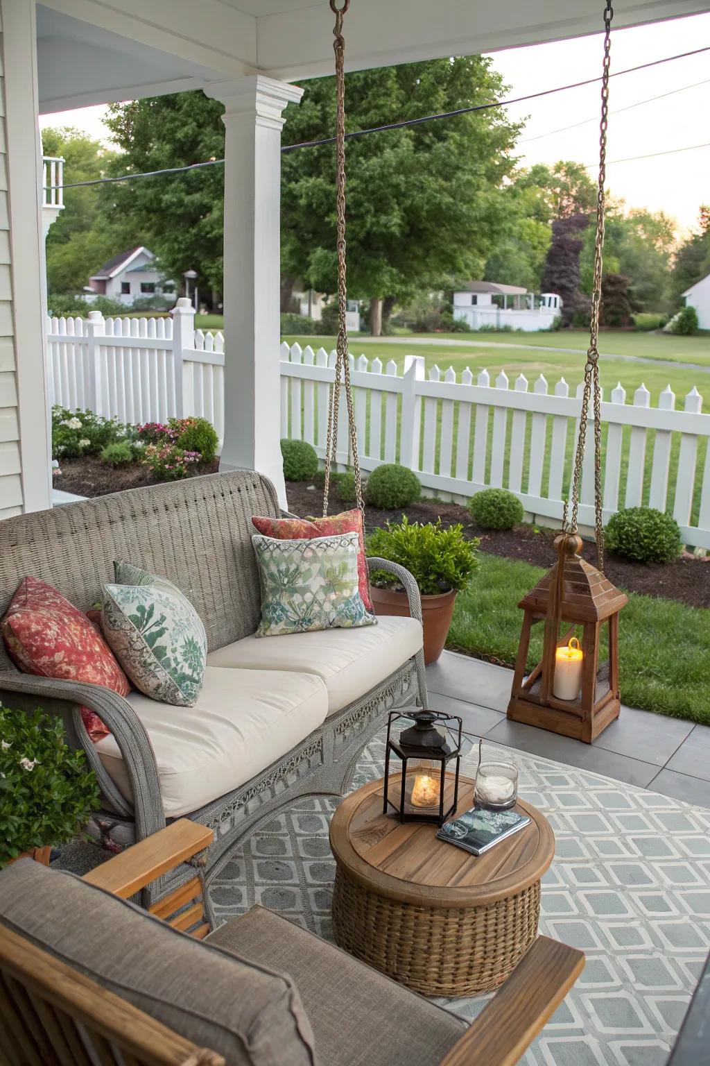 A comfortable lounge area ideal for unwinding on the front porch.