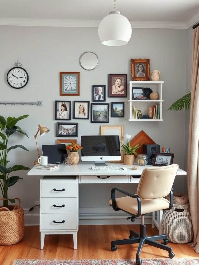 Personalized Home Office Setup Bright home office with desk, computer, framed photos, and plants.