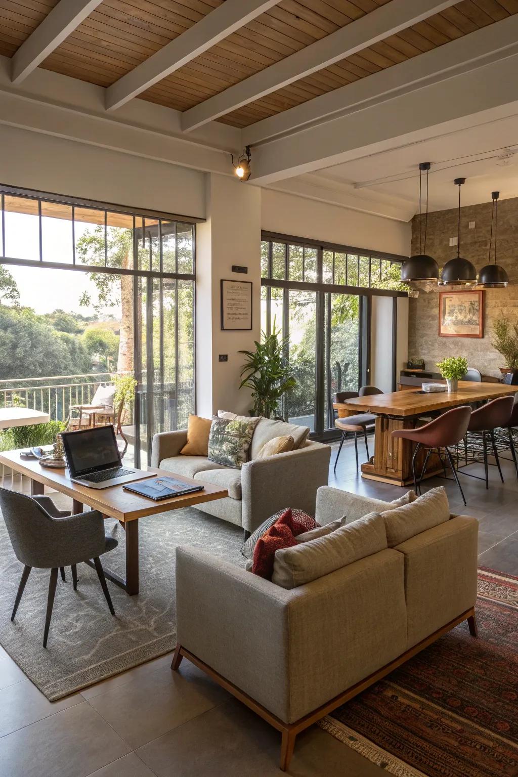 Clearly defined zones in an open-plan living area for various uses.