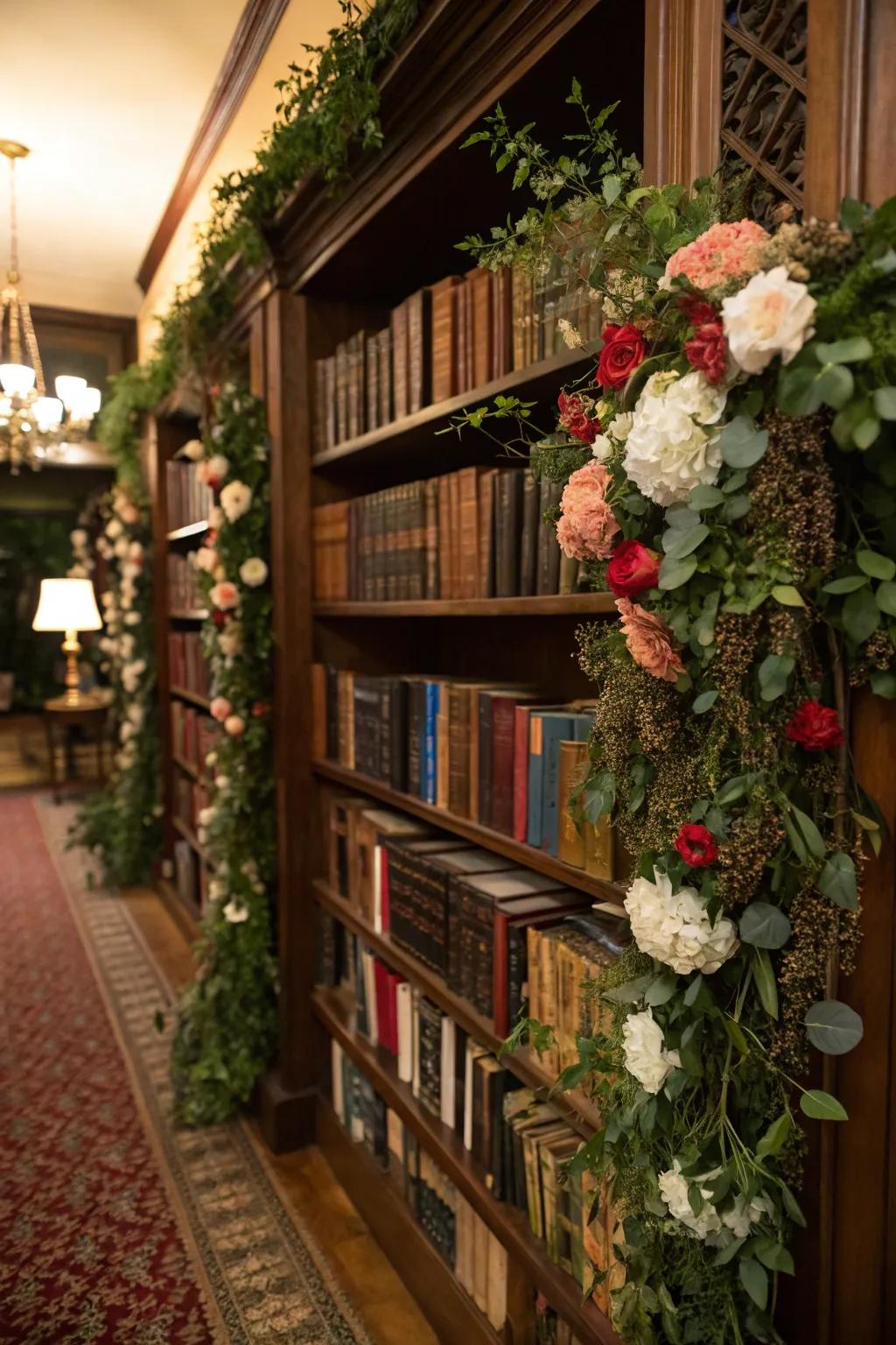 Library nook styled as a blossoming garden with artificial flowers.