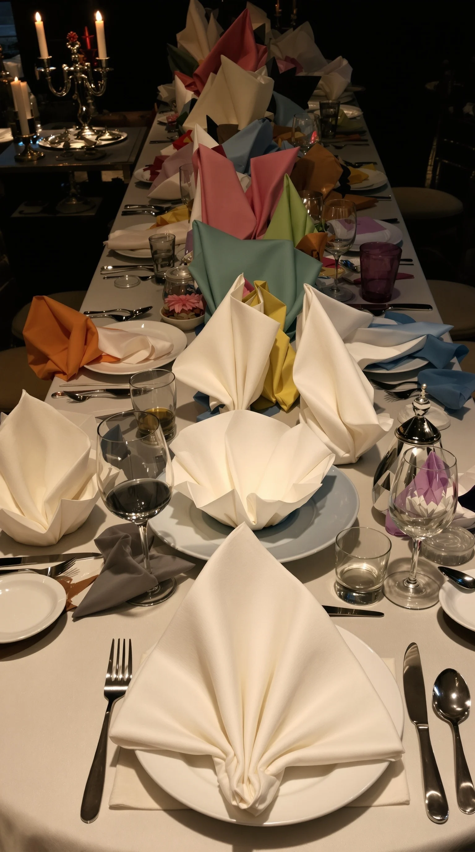 Thanksgiving table featuring various creative napkin folding styles.