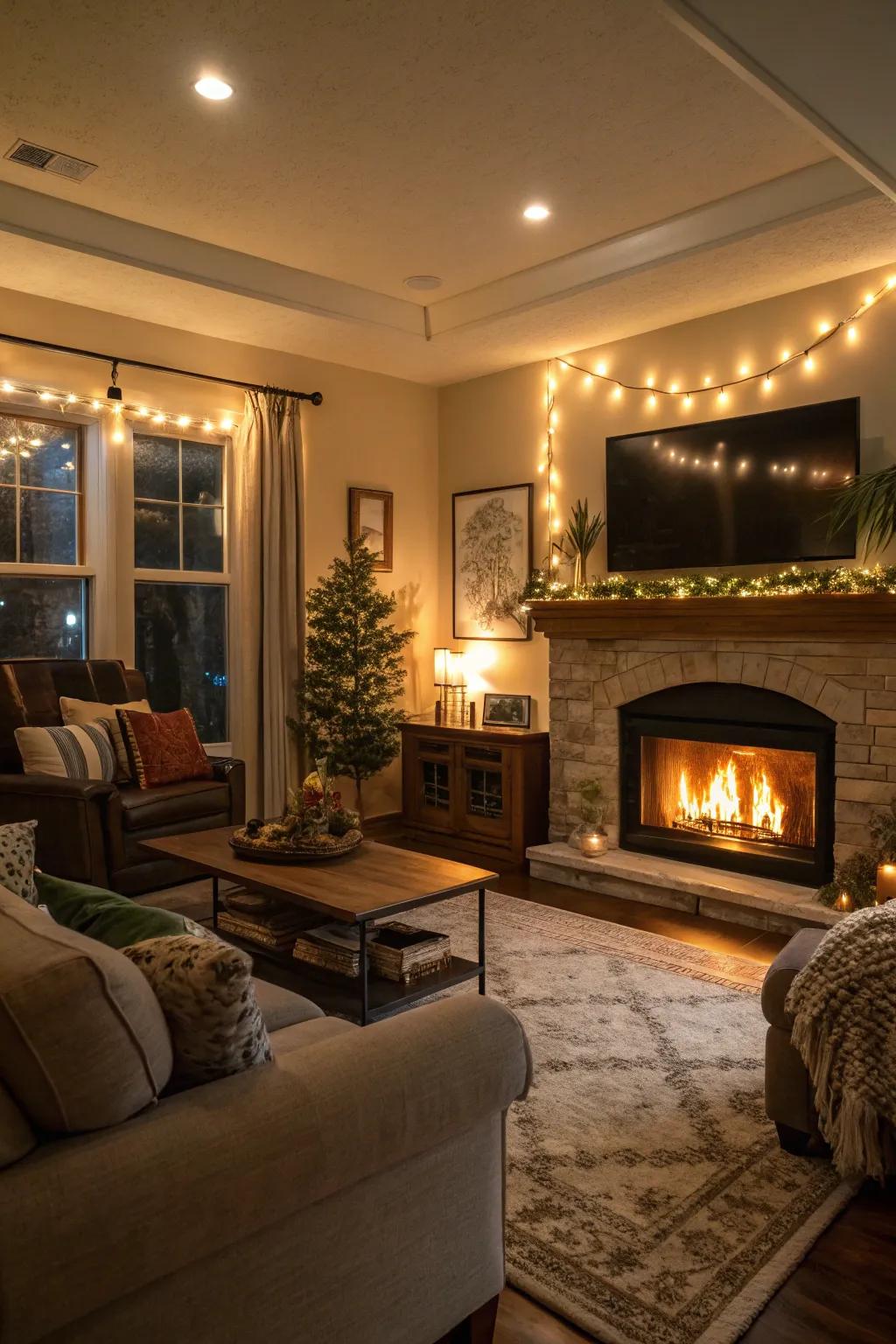 Ambient lighting enhances the cozy atmosphere around the fireplace and TV.