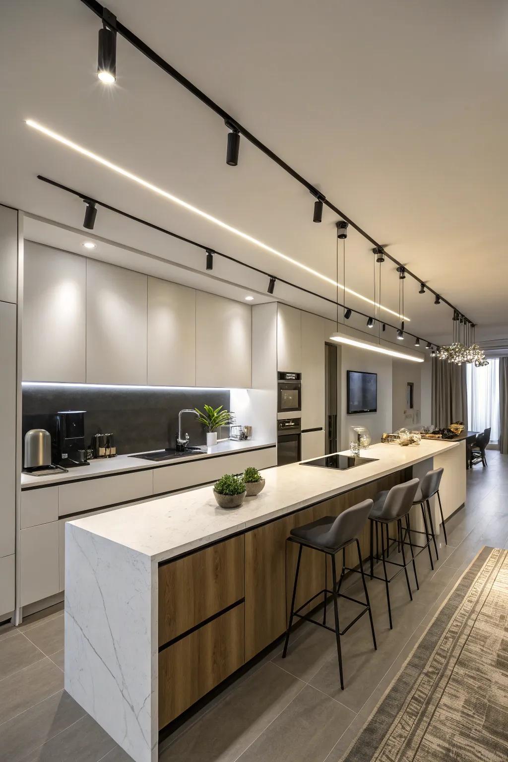 Linear track lighting illuminating a modern kitchen countertop