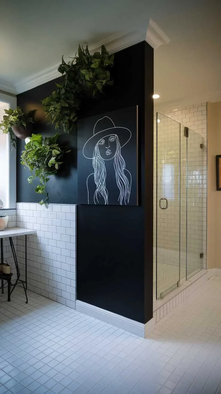 Black and White Bathroom Ideas - Feature Wall Bathroom with a black feature wall adorned with intricate white geometric patterns