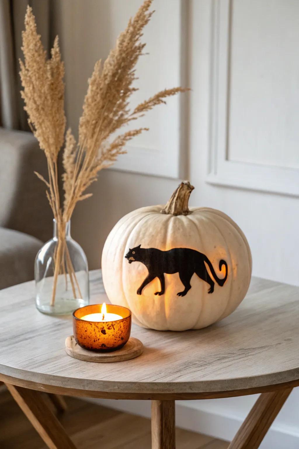 Light up your space with a sleek panther pumpkin carving, blending minimalist style with bohemian flair.
