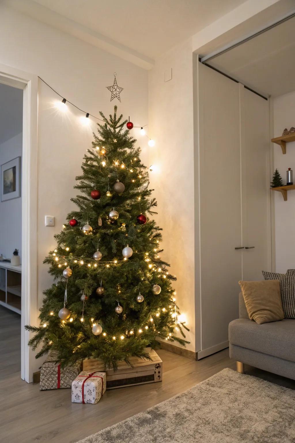 A compact wall-mounted Christmas tree that brightens up small spaces without occupying floor area.