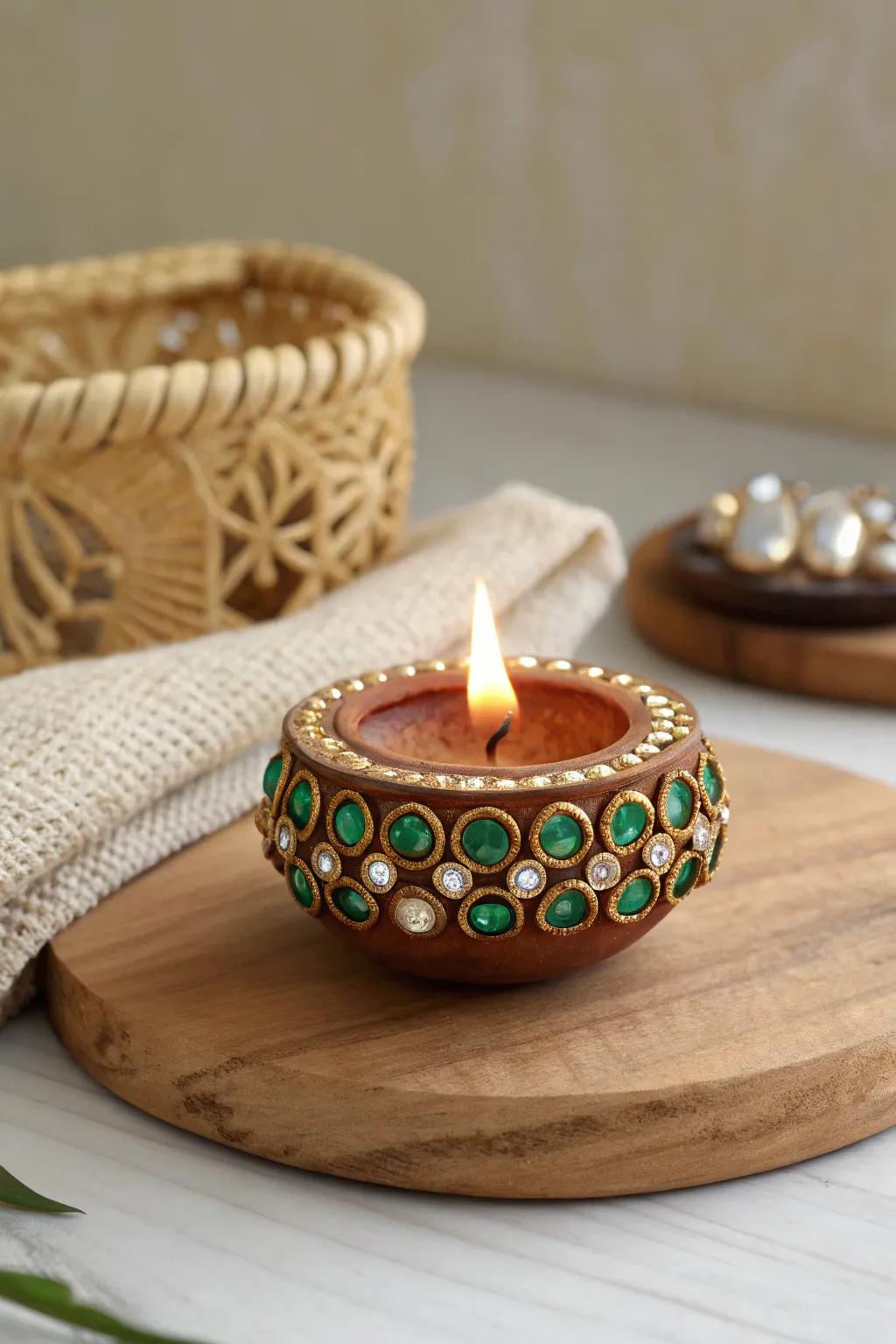 Enhance your festive space with diyas adorned in sparkling Kundan stones for a royal touch.