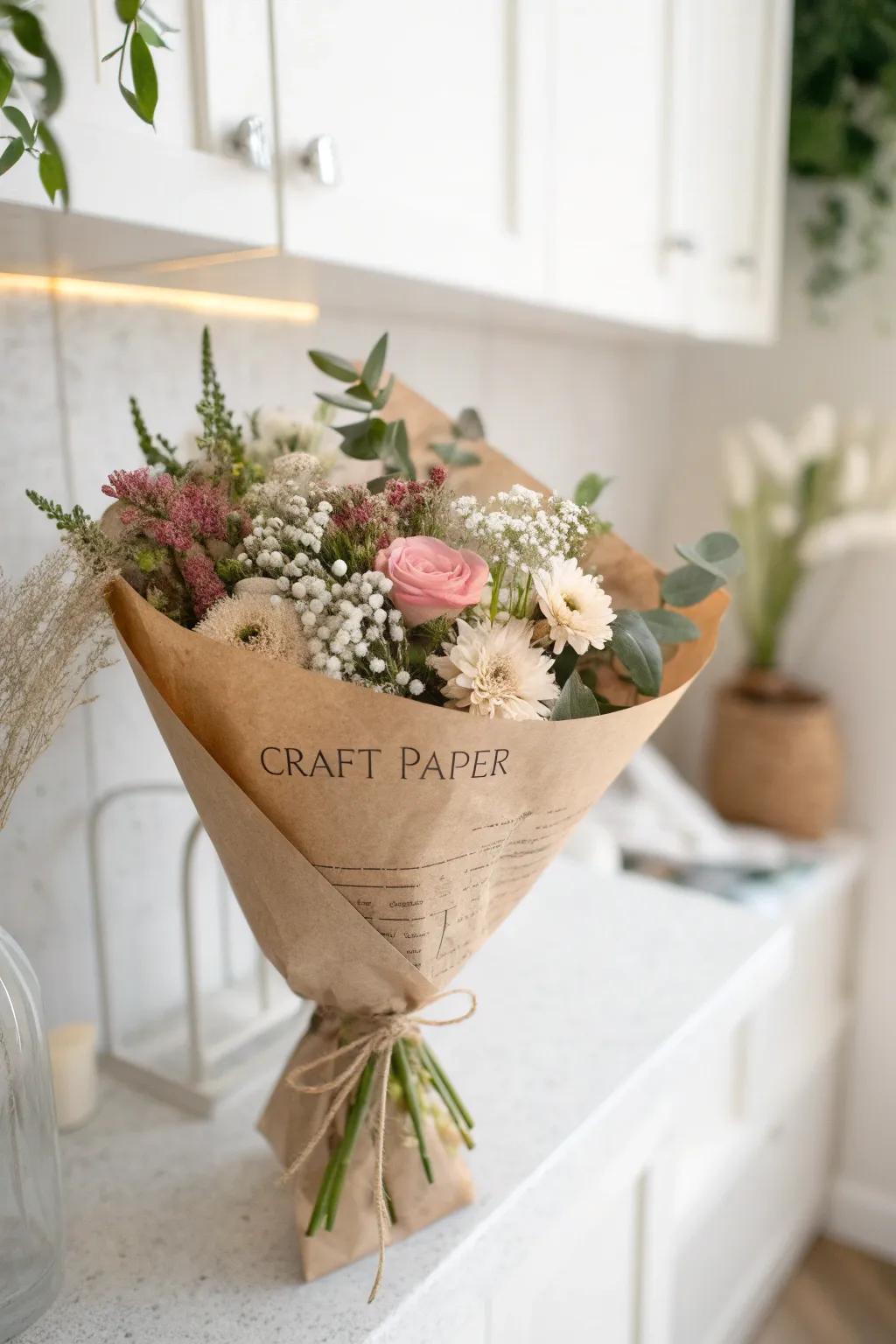 Rustic charm with kraft paper flower wrapping.