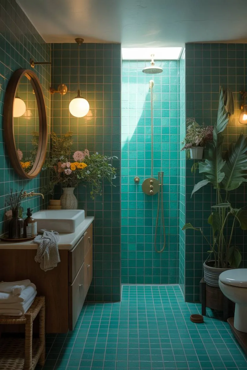 Bathroom featuring turquoise mosaic tiles, wooden circular mirror, and brass fixtures