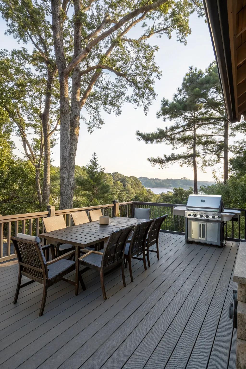 Large deck arranged for family dining and grilling.