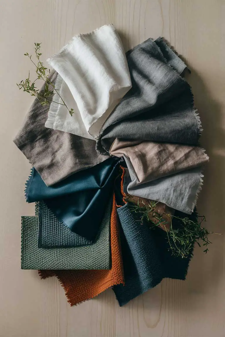 Fabric swatches in Japandi color palette including soft white linen, warm grey wool, muted beige cotton, deep indigo silk, sage green textured fabric, and rust orange woven material