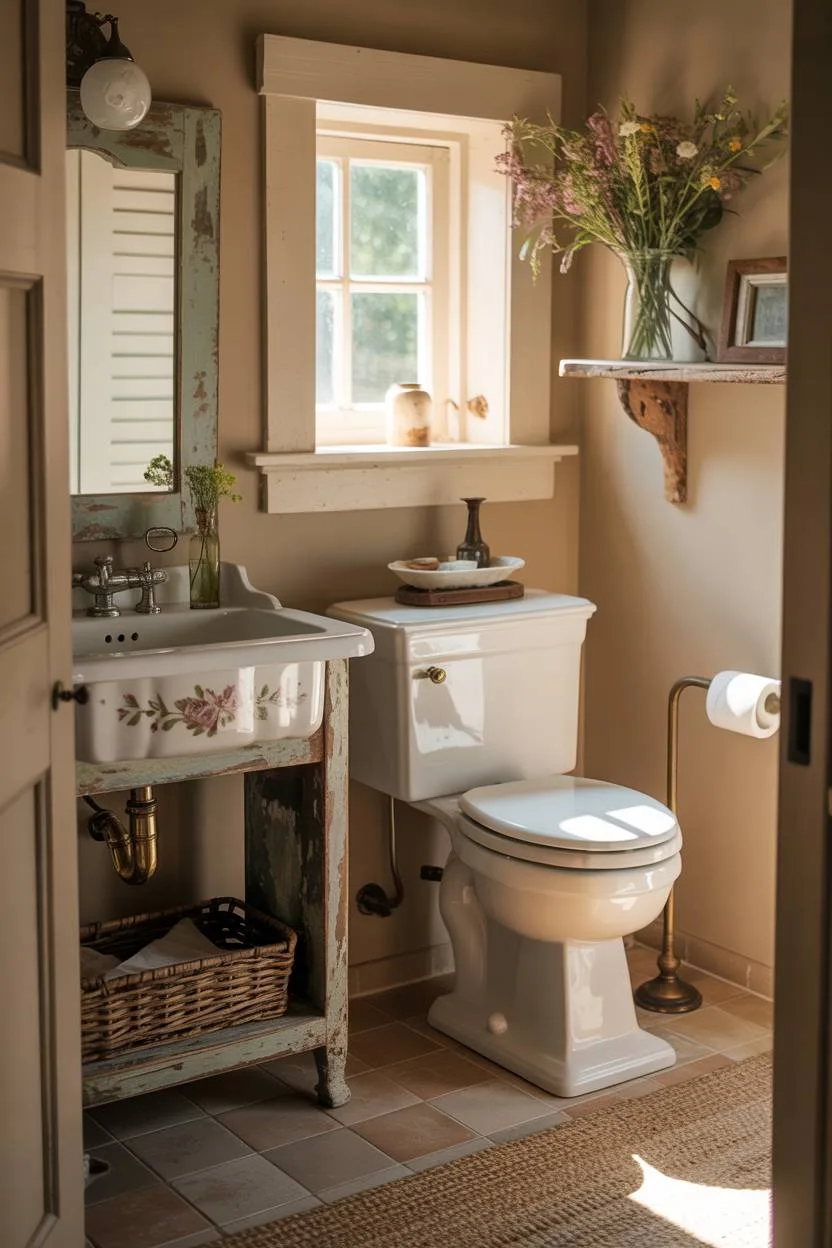 Farmhouse bathroom featuring vintage porcelain sink atop a rustic wooden vanity with wildflowers on a shelf