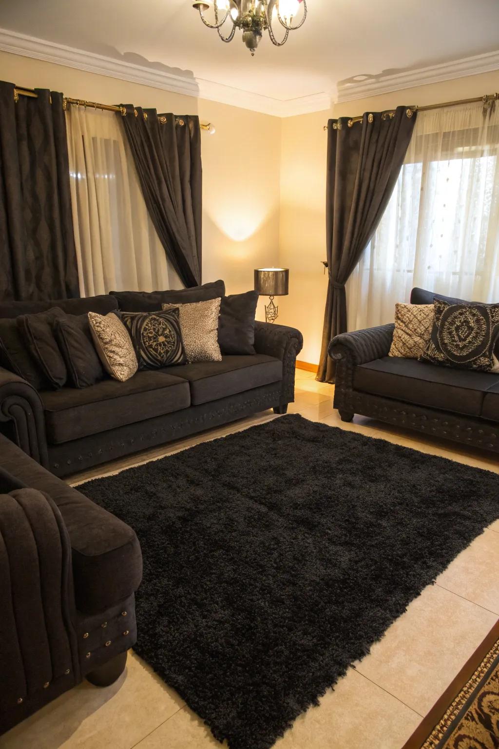 Combining deep-toned fabrics with a black rug creates a refined and unified ambiance.