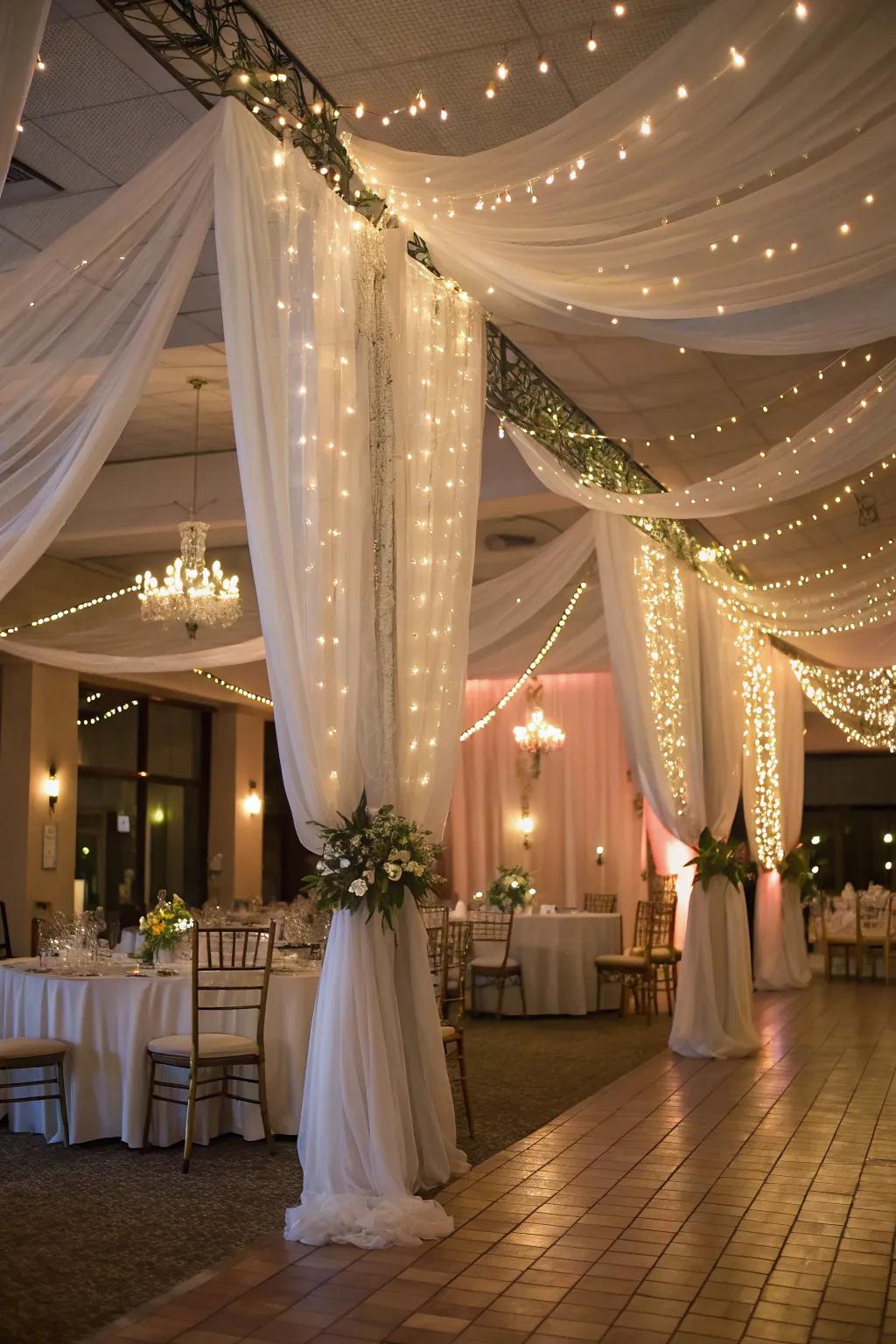 Whimsical atmosphere created by draped fabrics and lights.