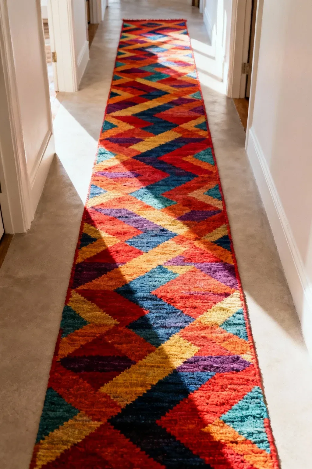 A vibrant geometric runner rug enhancing a hallway's visual interest.