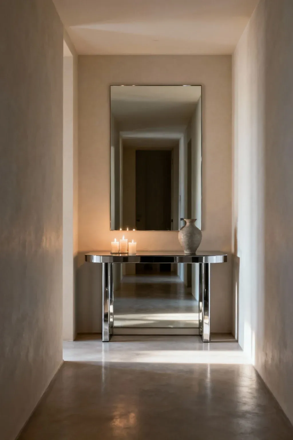 A mirrored console table reflecting light in a spacious hallway.