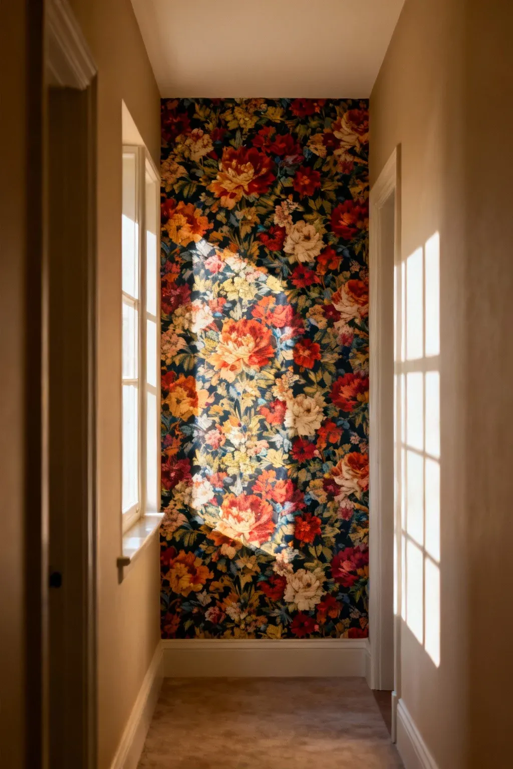 A bold floral wallpaper accent wall transforming a hallway.