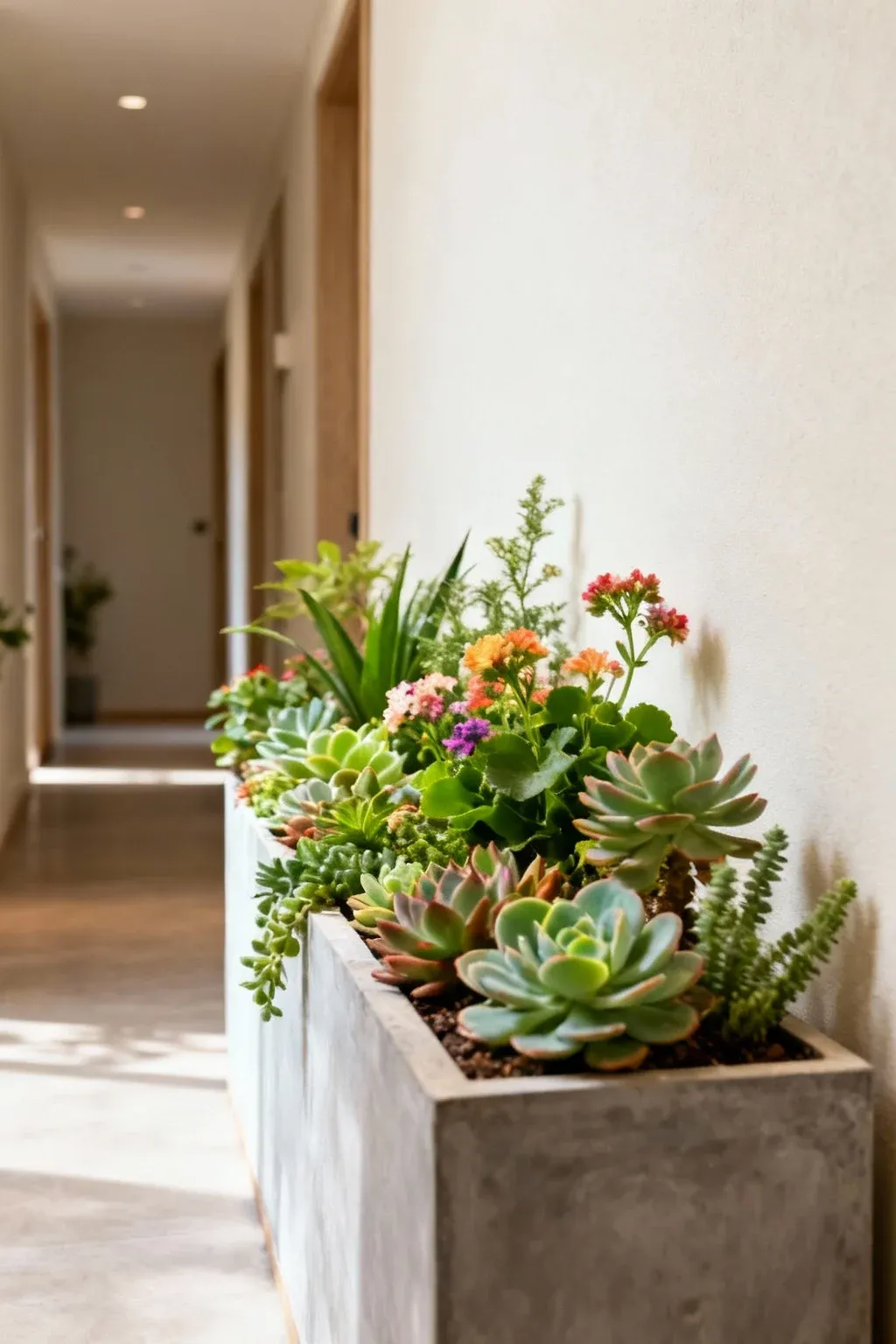 A planter box with succulents brightening up a hallway.