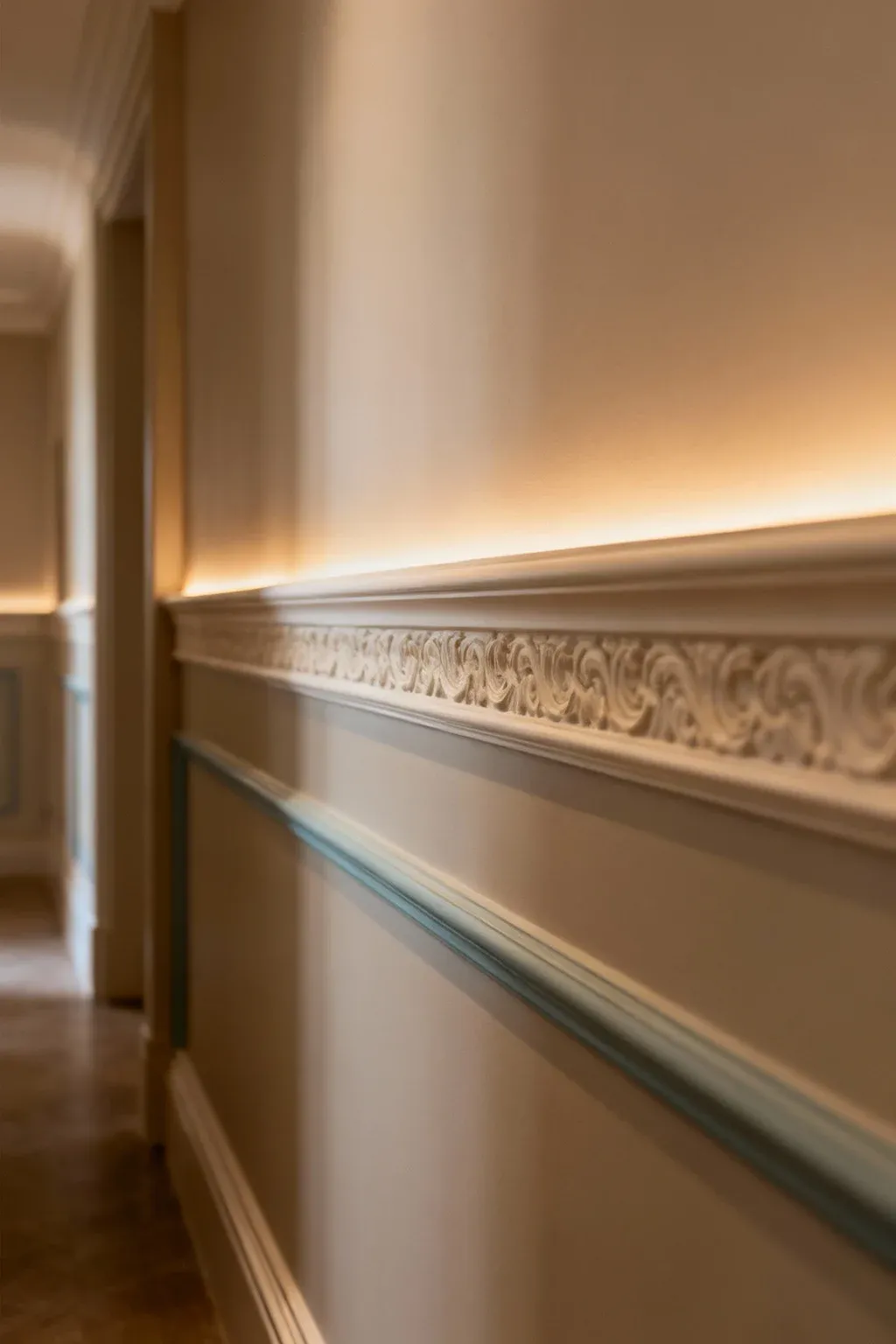 Elegant wall molding enhancing the sophistication of a hallway.