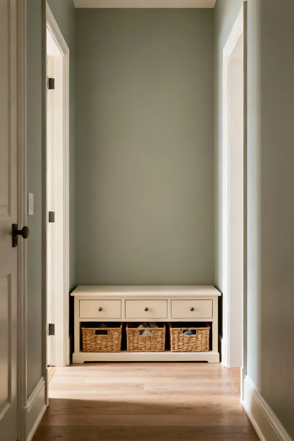 A small bench with storage enhancing a narrow hallway.